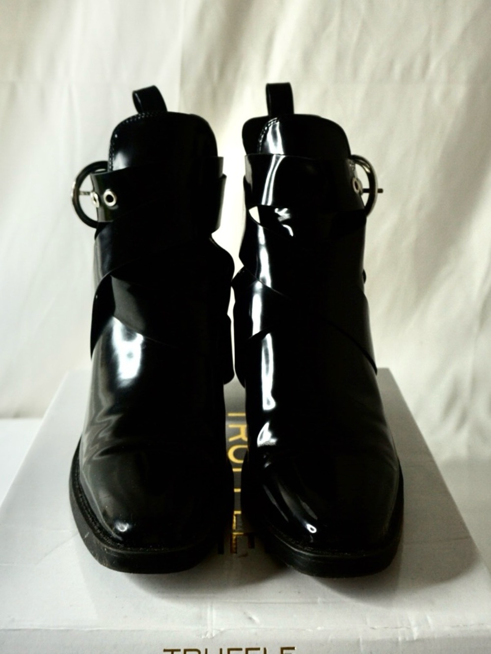 Glossy Black Patent Ankle Booties with Buckle Detail